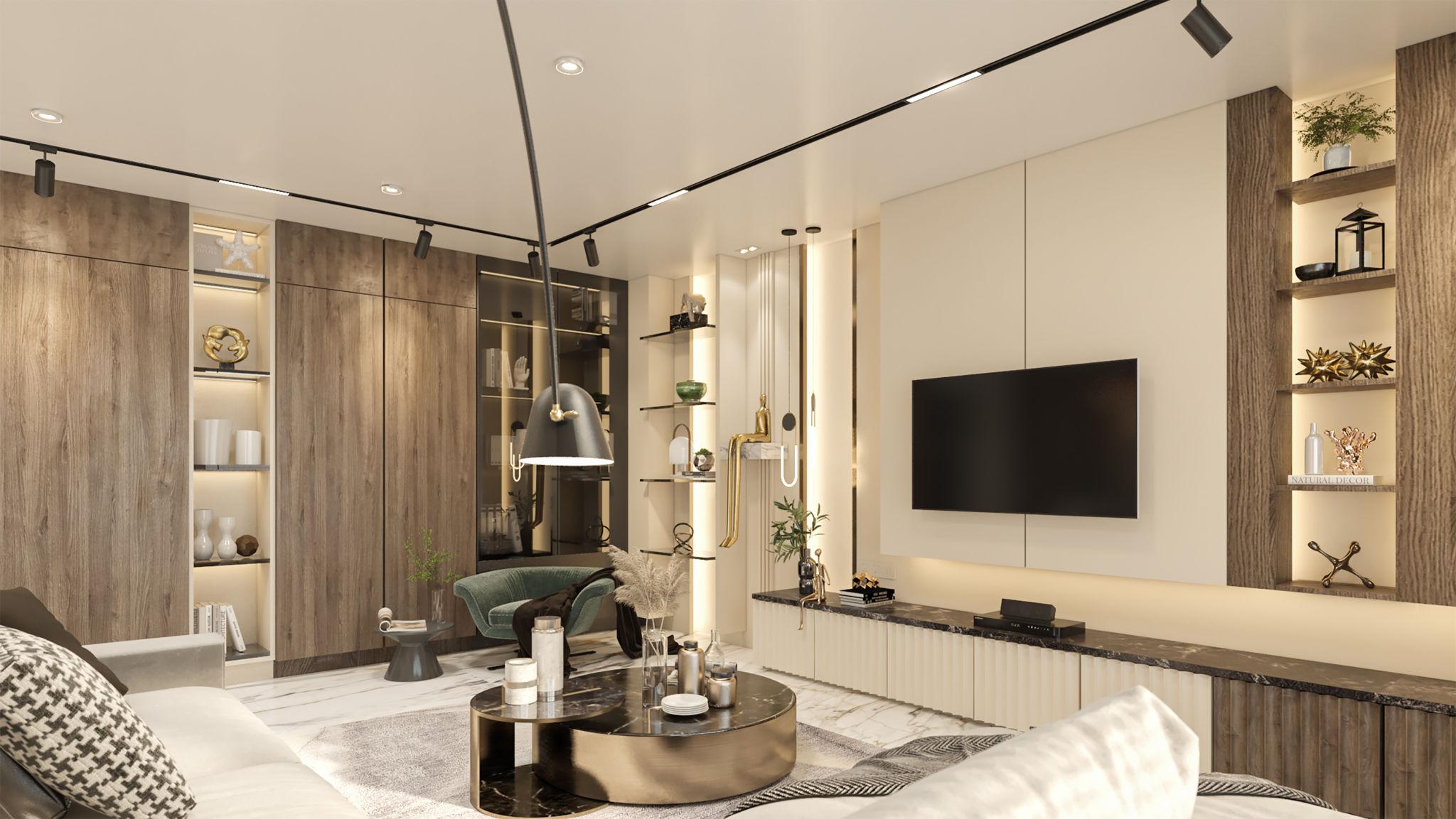 After: fully furnished and designed living room by Gen'z Design Bangalore