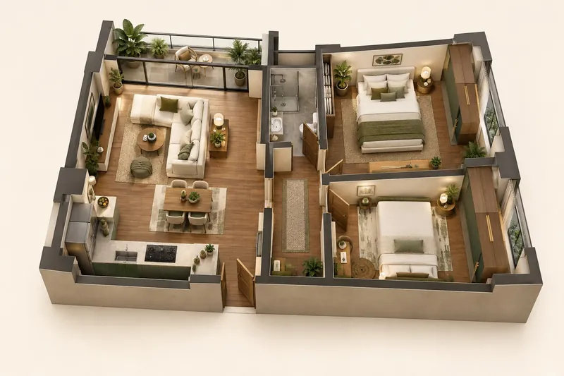 Illustrative 3D dollhouse view of a two-bedroom apartment with living, dining, kitchen and balcony