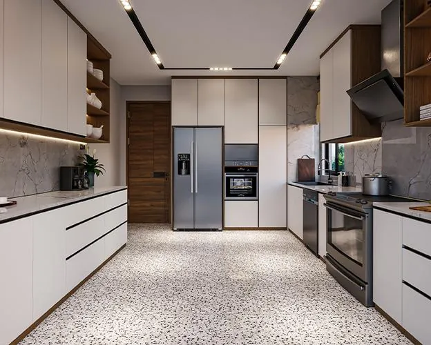Modern modular kitchen with overhead cabinets
