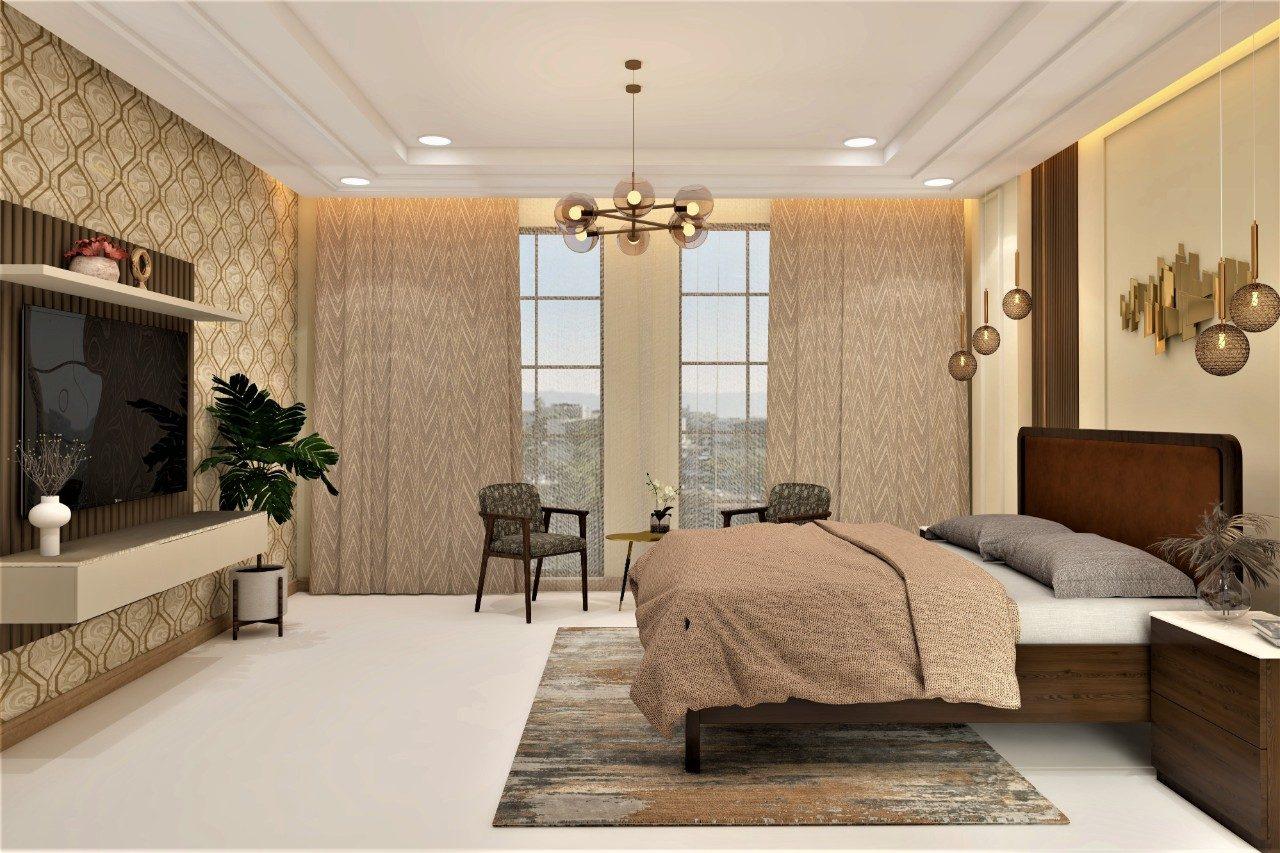 Master bedroom interior design Indiranagar Bangalore — tufted headboard and ambient lighting