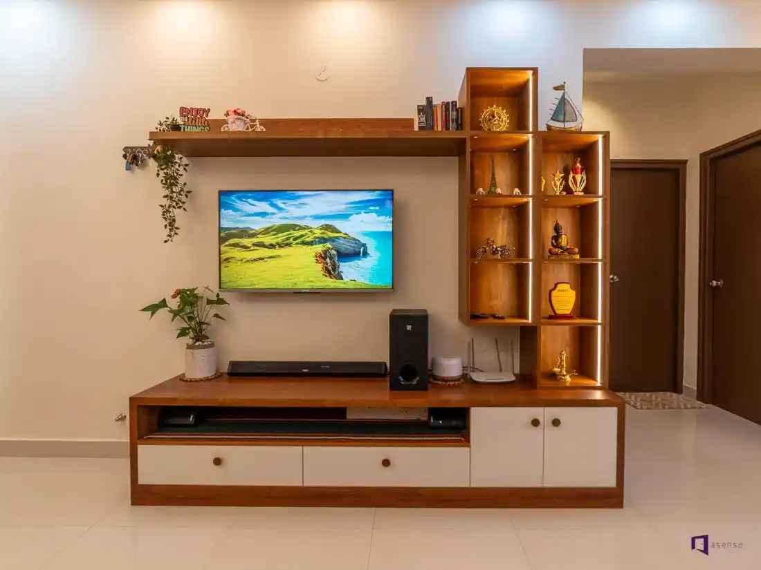 Scandinavian living room interior design Sarjapur Bangalore — wooden accents by Gen'z Design
